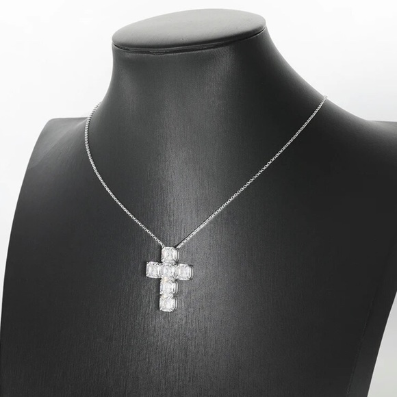 Simulated Diamond Cross 925 Silver Necklace - Picture 7 of 10